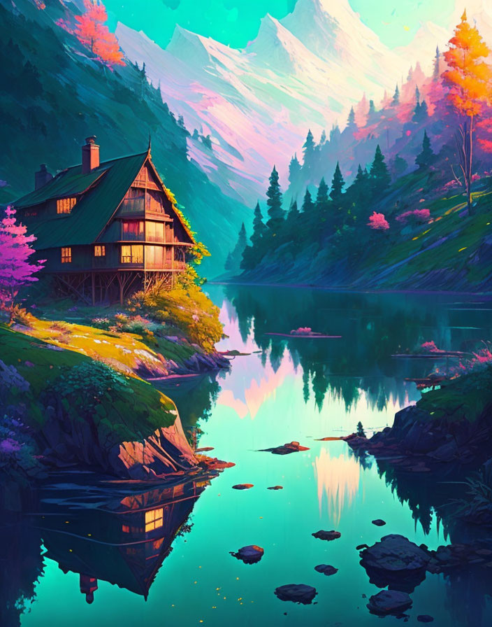 Colorful digital artwork of house by lake & mountains