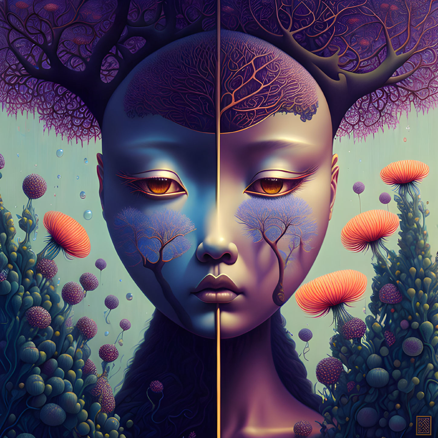 Symmetrical Artwork: Serene Face with Tree Branches & Coral-like Growth