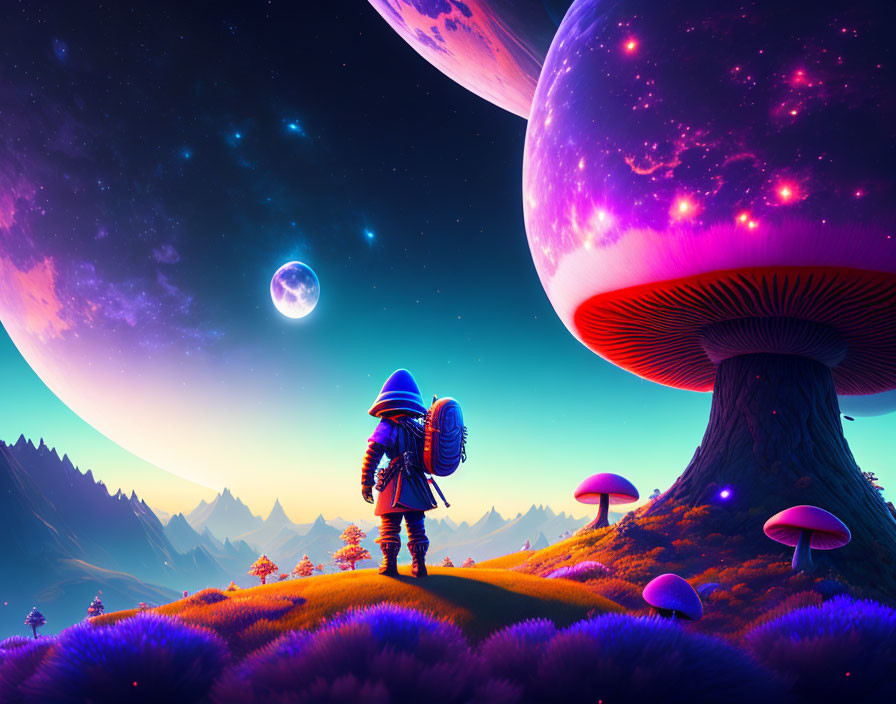 Astronaut on alien world with giant purple mushrooms and celestial sky.