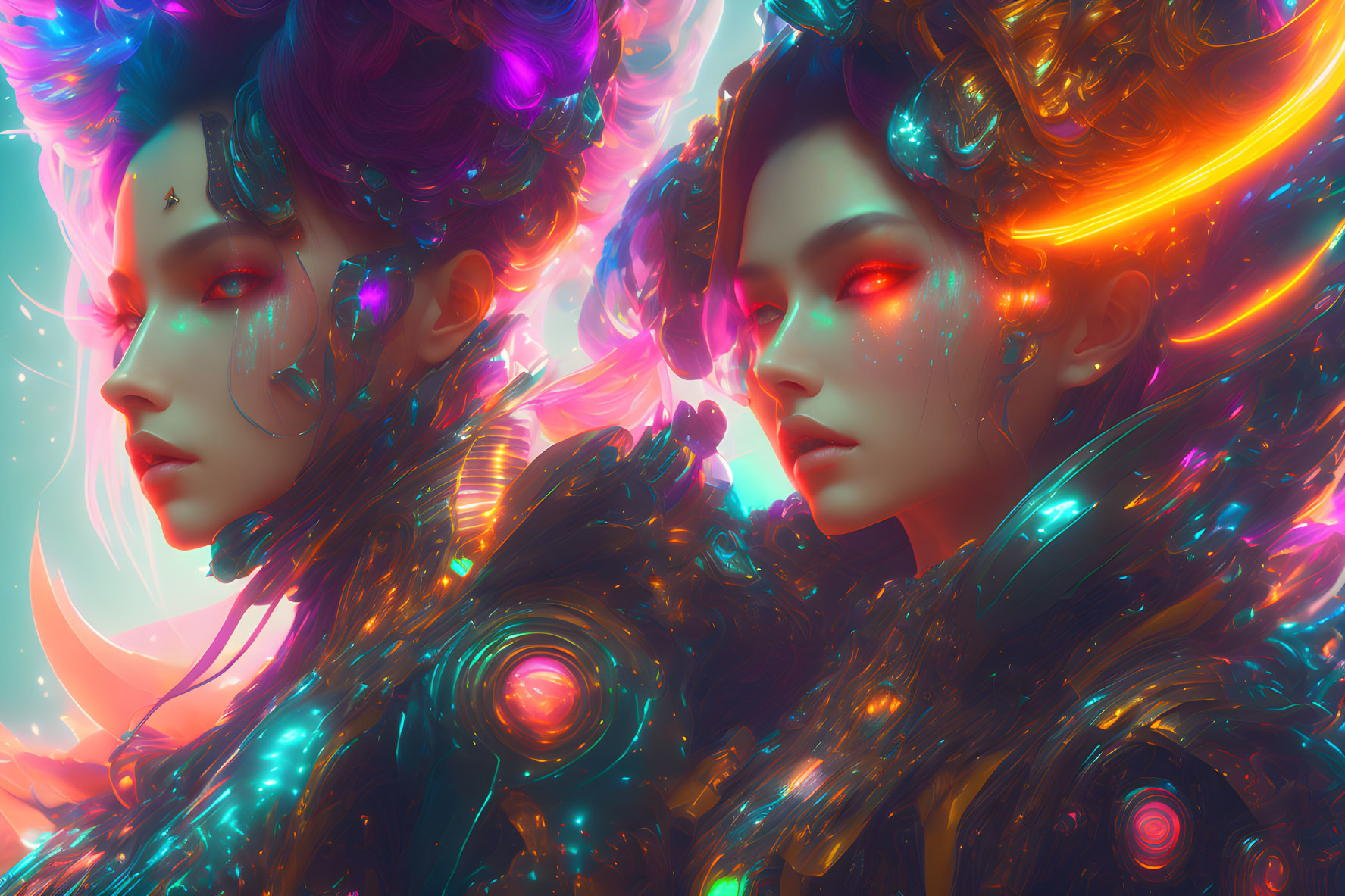 Futuristic digital artwork: Glowing armor, cosmic hairstyles