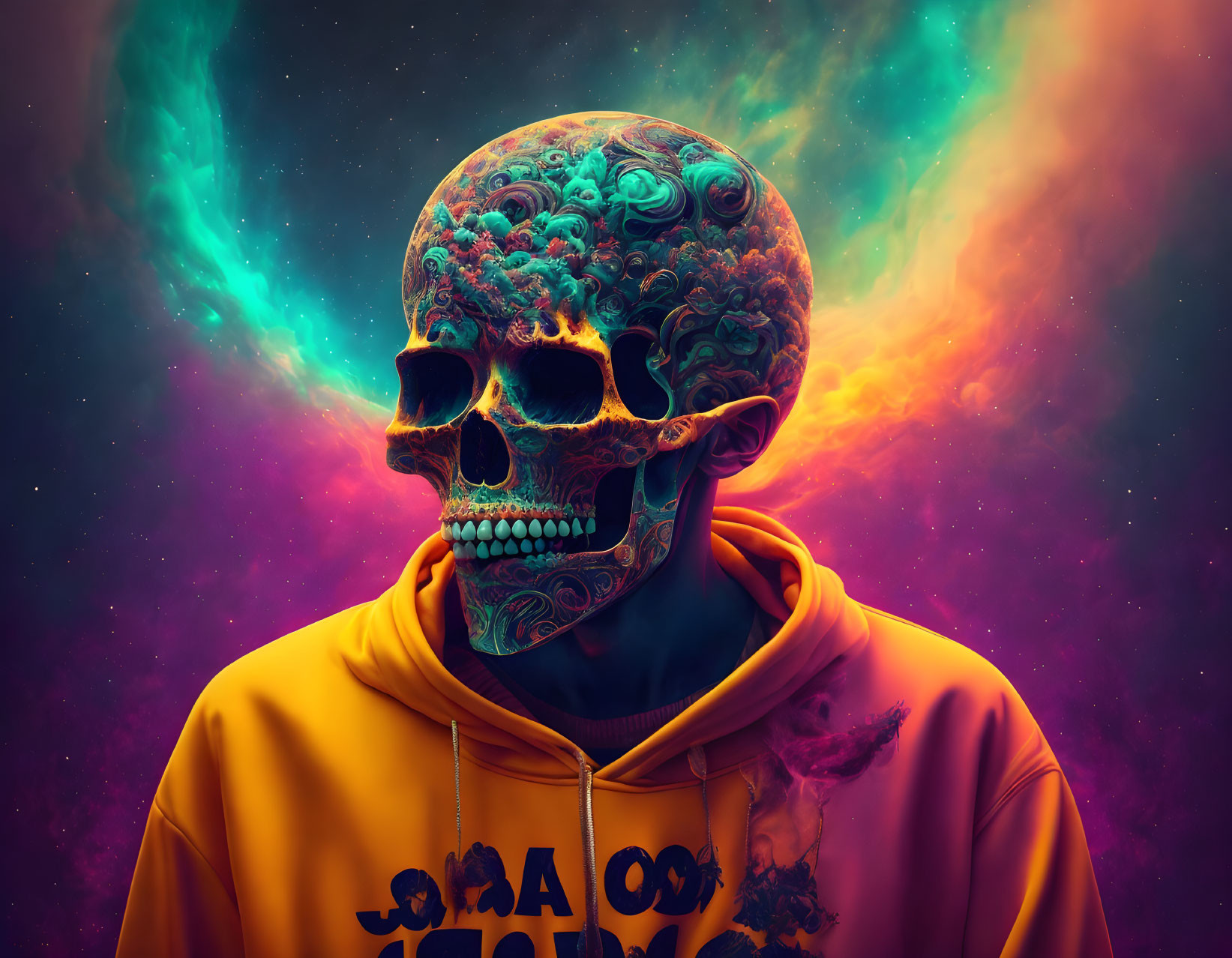 Intricate patterned human skull on cosmic background with yellow hoodie.