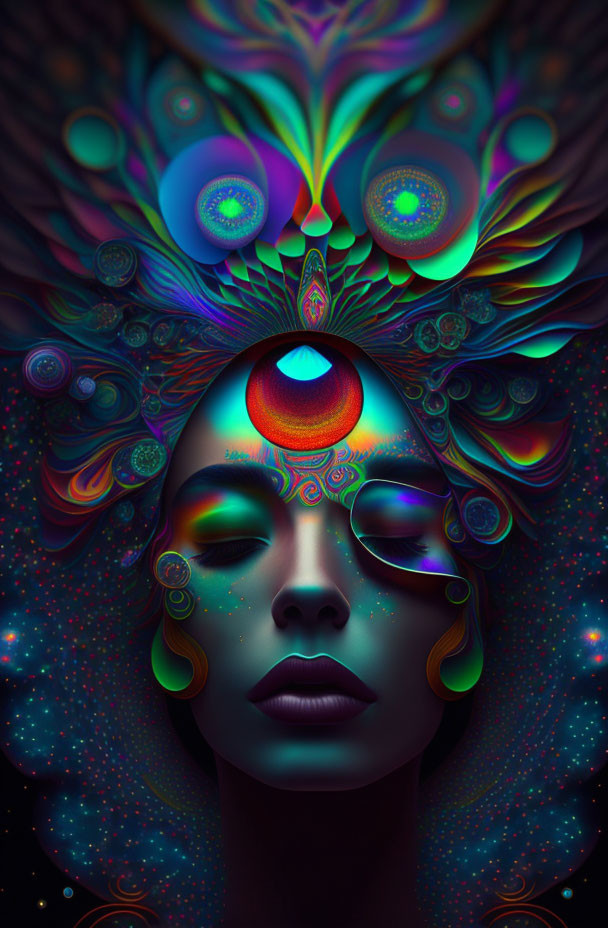 Digital Art: Woman with Peacock Feather Headdress and Third Eye