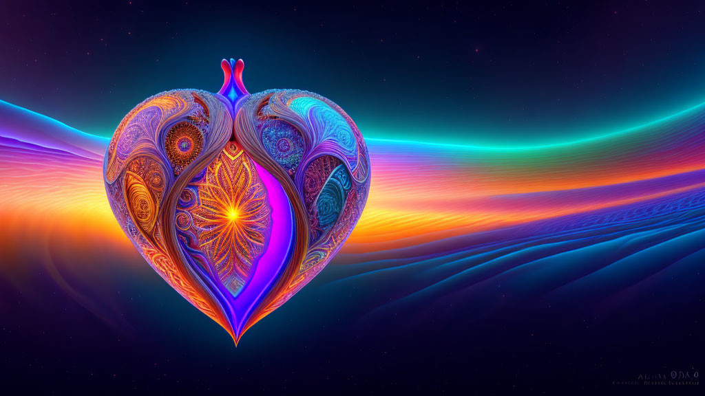 Colorful Digital Art: Ornate Heart with Cosmic Background