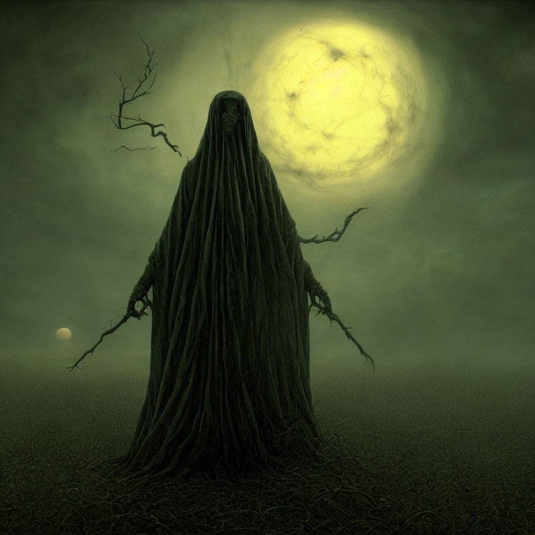 Eerie tree-like figure under yellow moon in misty green landscape