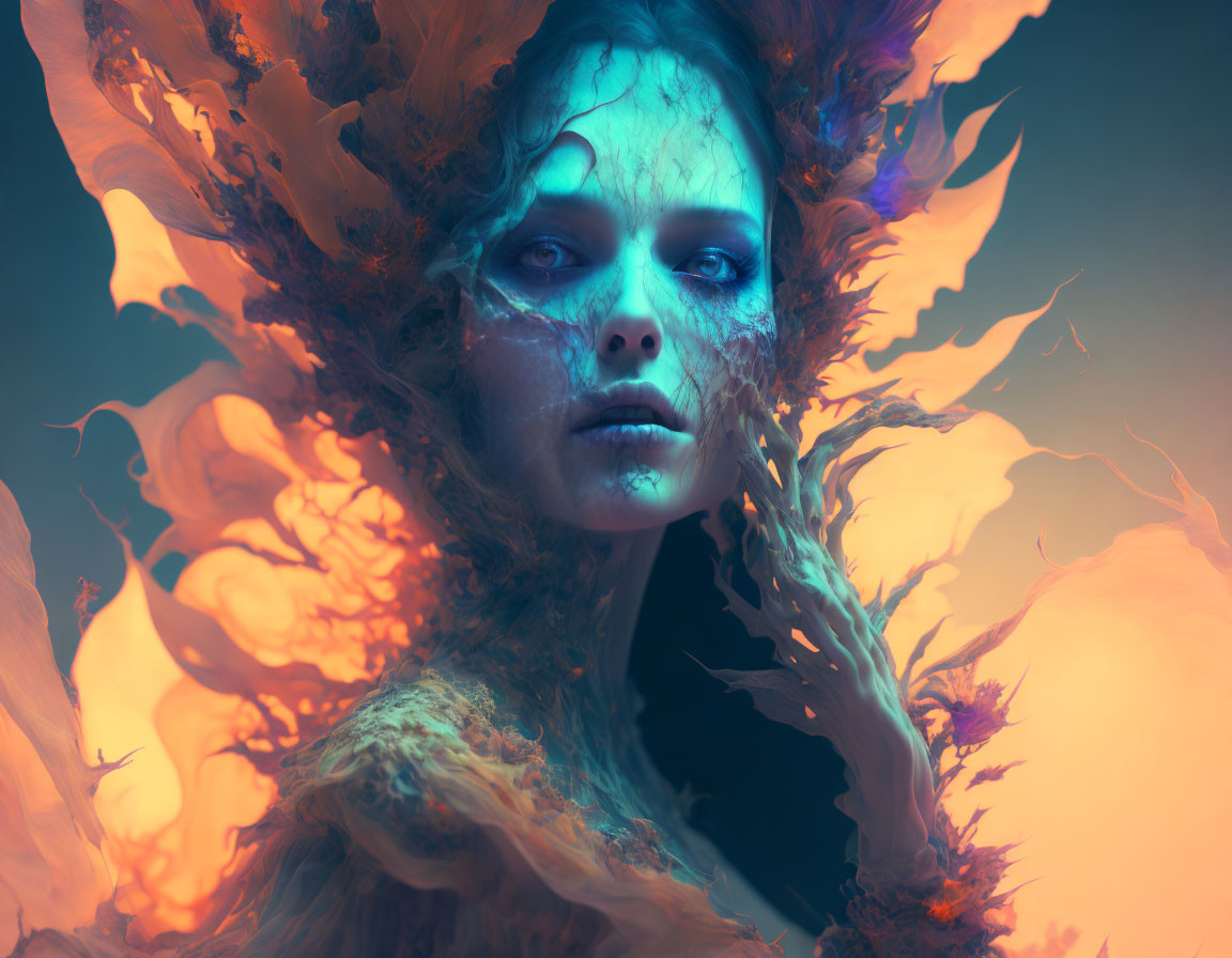 Fantastical portrait of woman with fiery, leaf-like elements and haunting expression in blue and orange glow