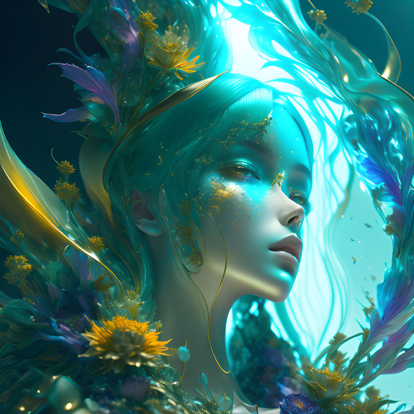 Surreal portrait of woman with flowing blue hair and golden flower adornments