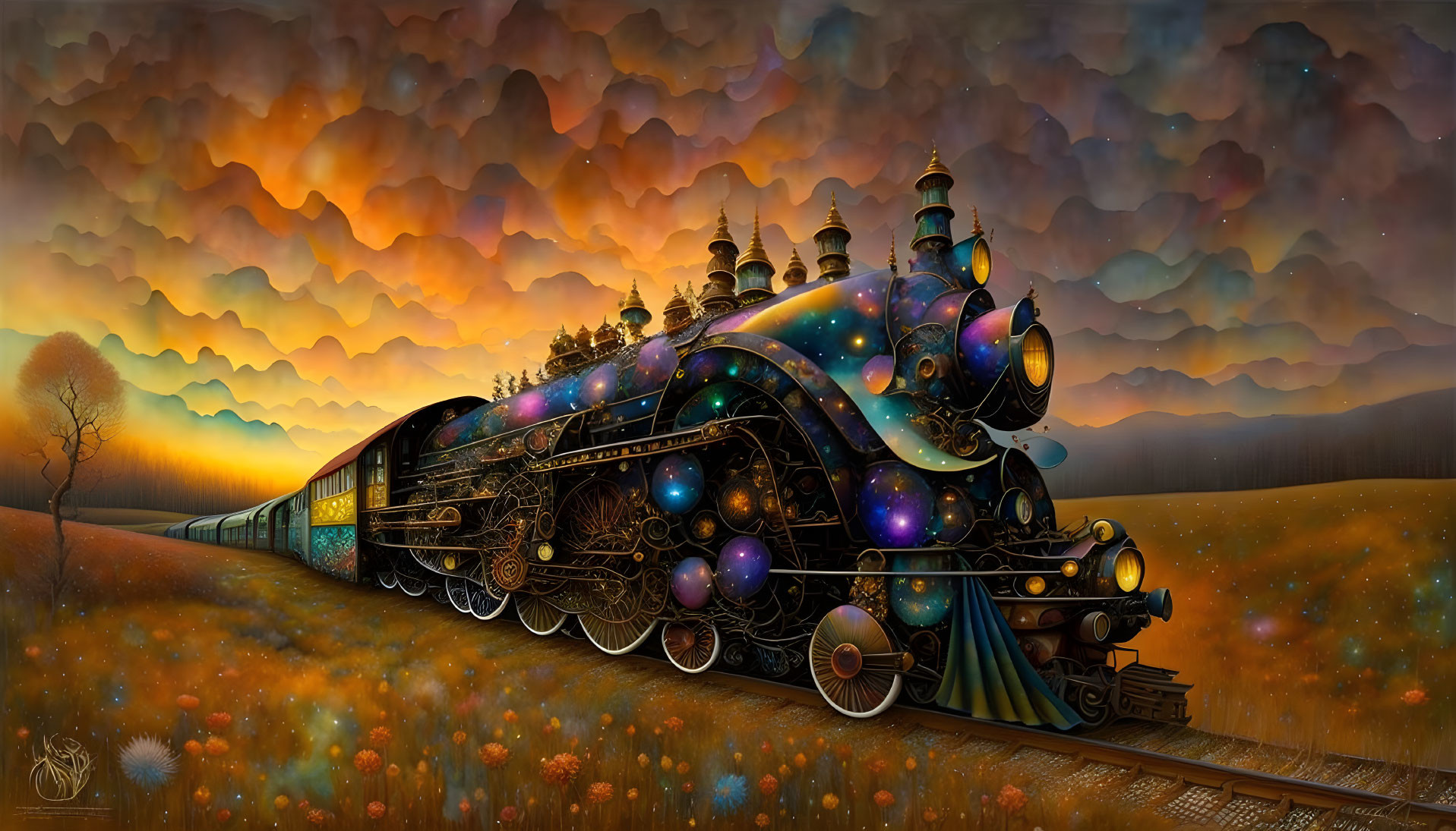 Cosmos-themed train in surreal twilight landscape