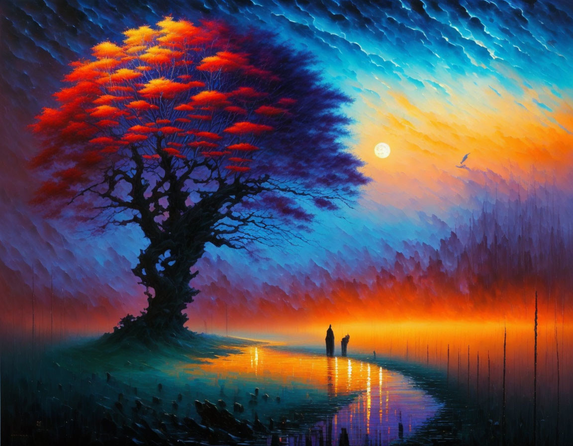 Colorful painting: Couple under fiery tree by reflective water with crescent moon