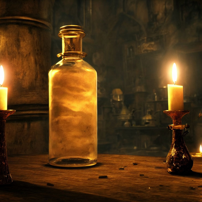 Dimly Lit Room with Lit Candles and Glass Bottle on Wooden Table