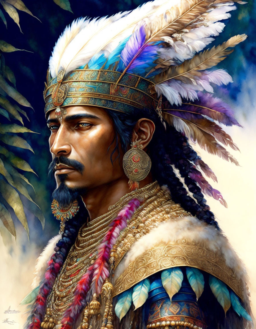 Detailed illustration: Man in Native American regalia with feather headdress, beadwork, and earrings