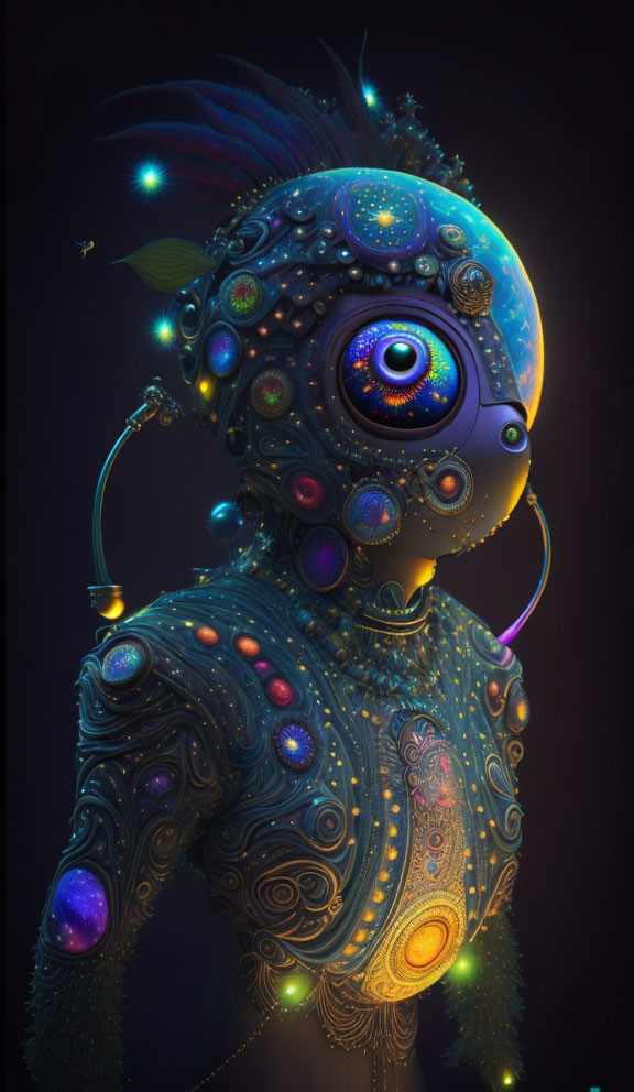 Colorful humanoid figure with multiple eyes and ornate patterns on dark background