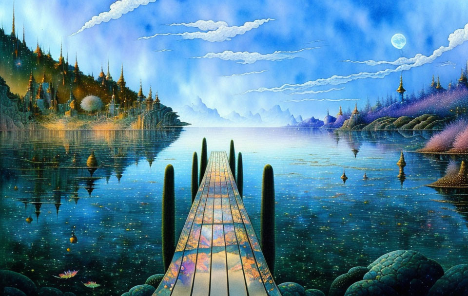 Fantastical landscape with reflective lake, jetty, exotic vegetation, and whimsical structures