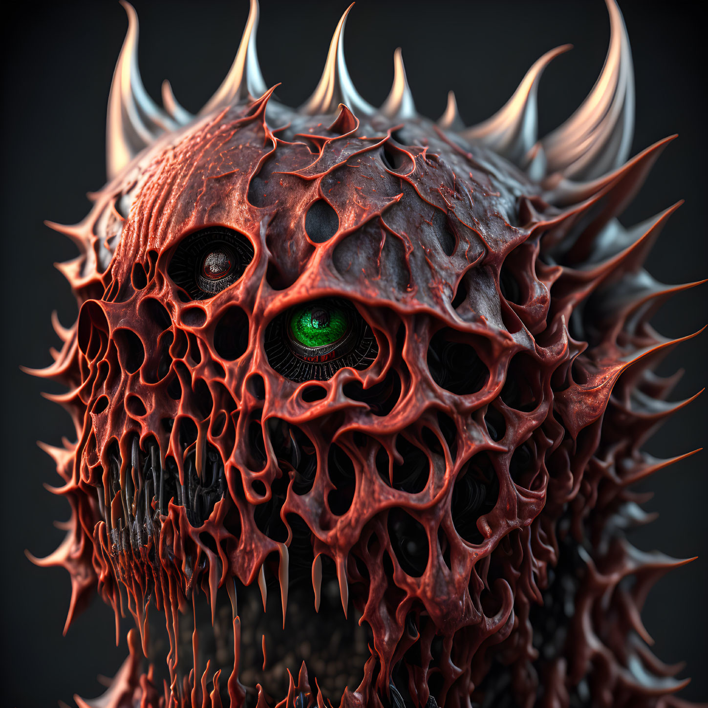 Detailed 3D Rendering of Fantastical Creature with Spiky Red and Brown Textured Head