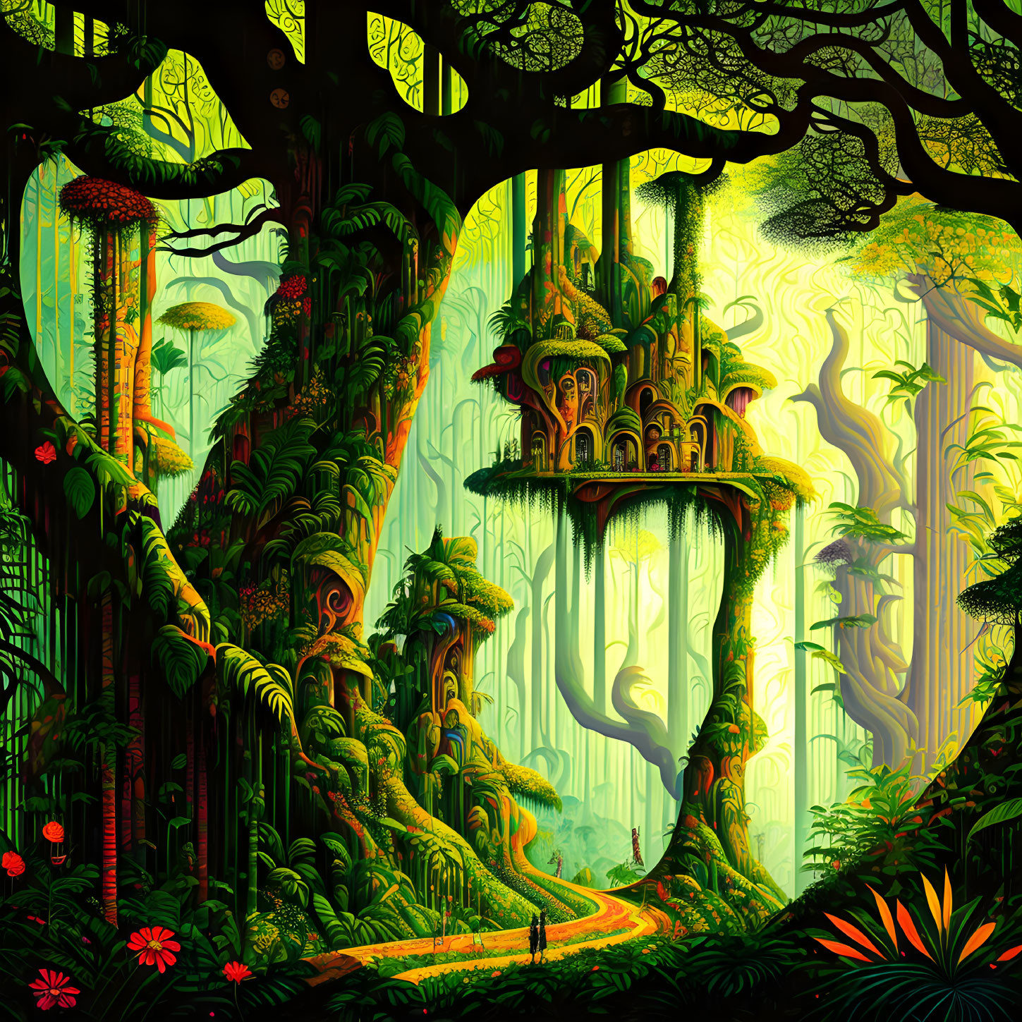 Mystical jungle scene with lush foliage and treehouse-like structures