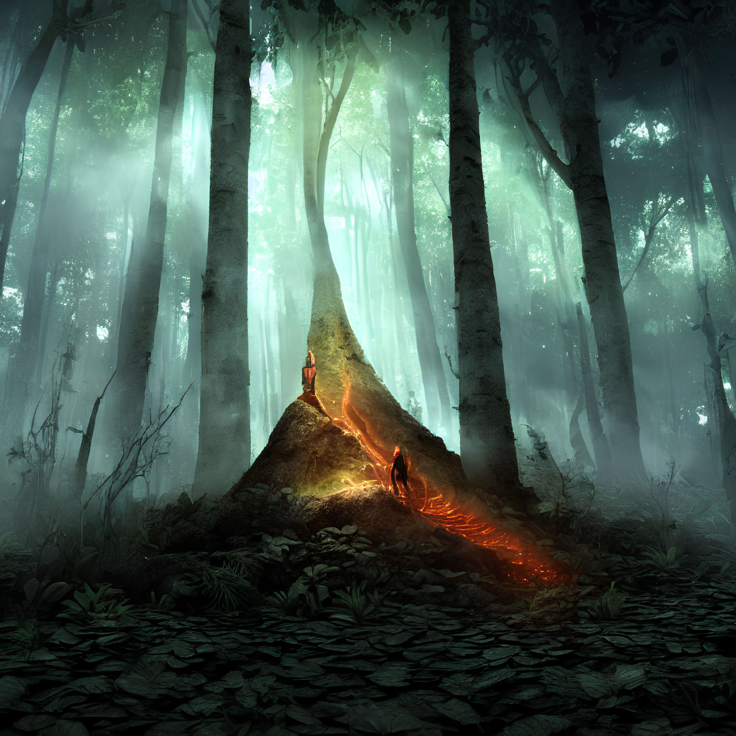 Mystical glow illuminates forest with lava-like split tree