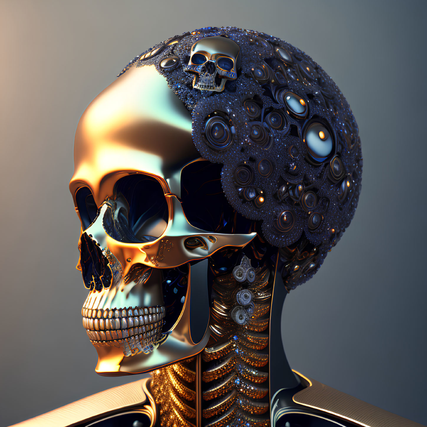 Golden robotic skull with intricate designs and smaller skull cranium section