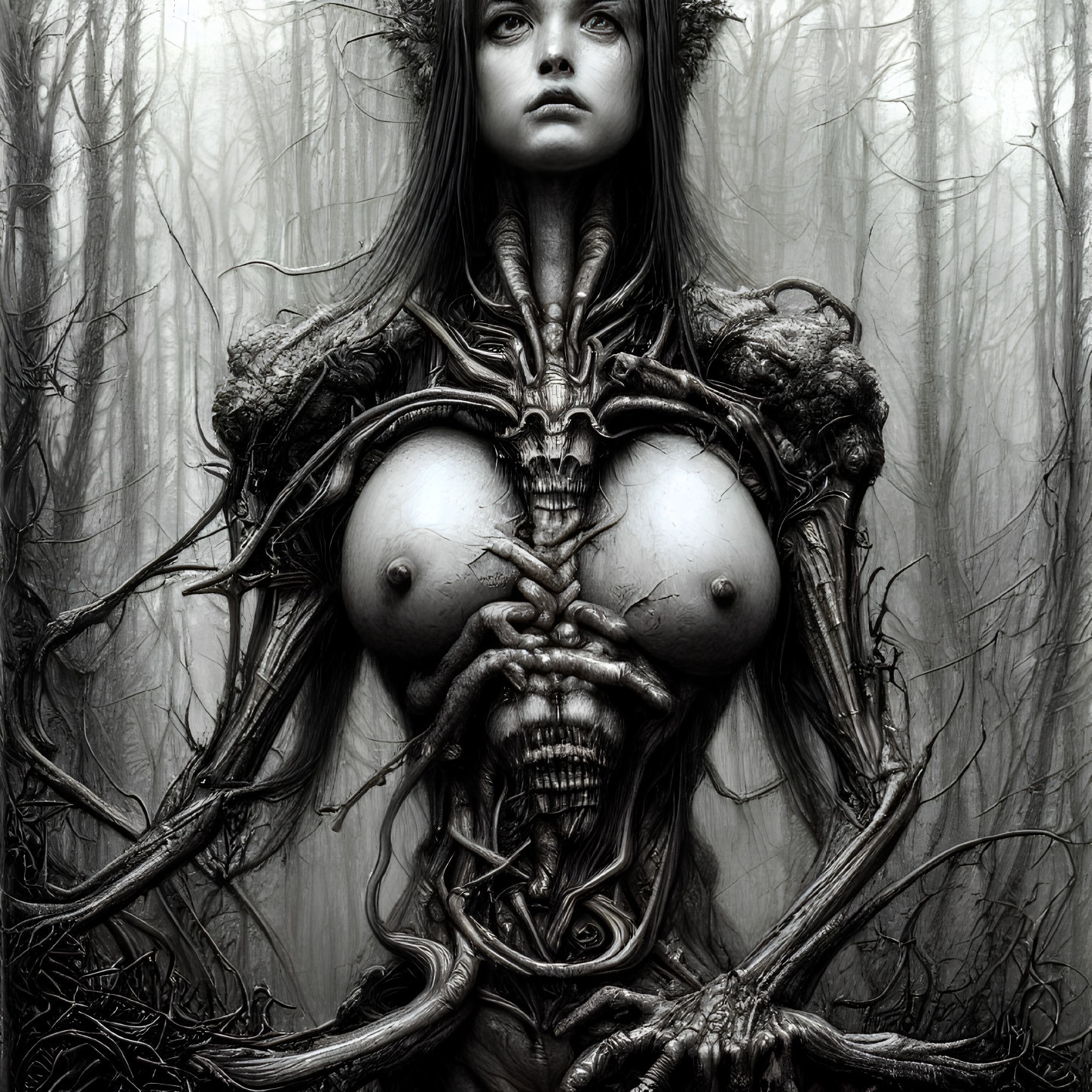 Monochromatic artwork of female figure in organic armor