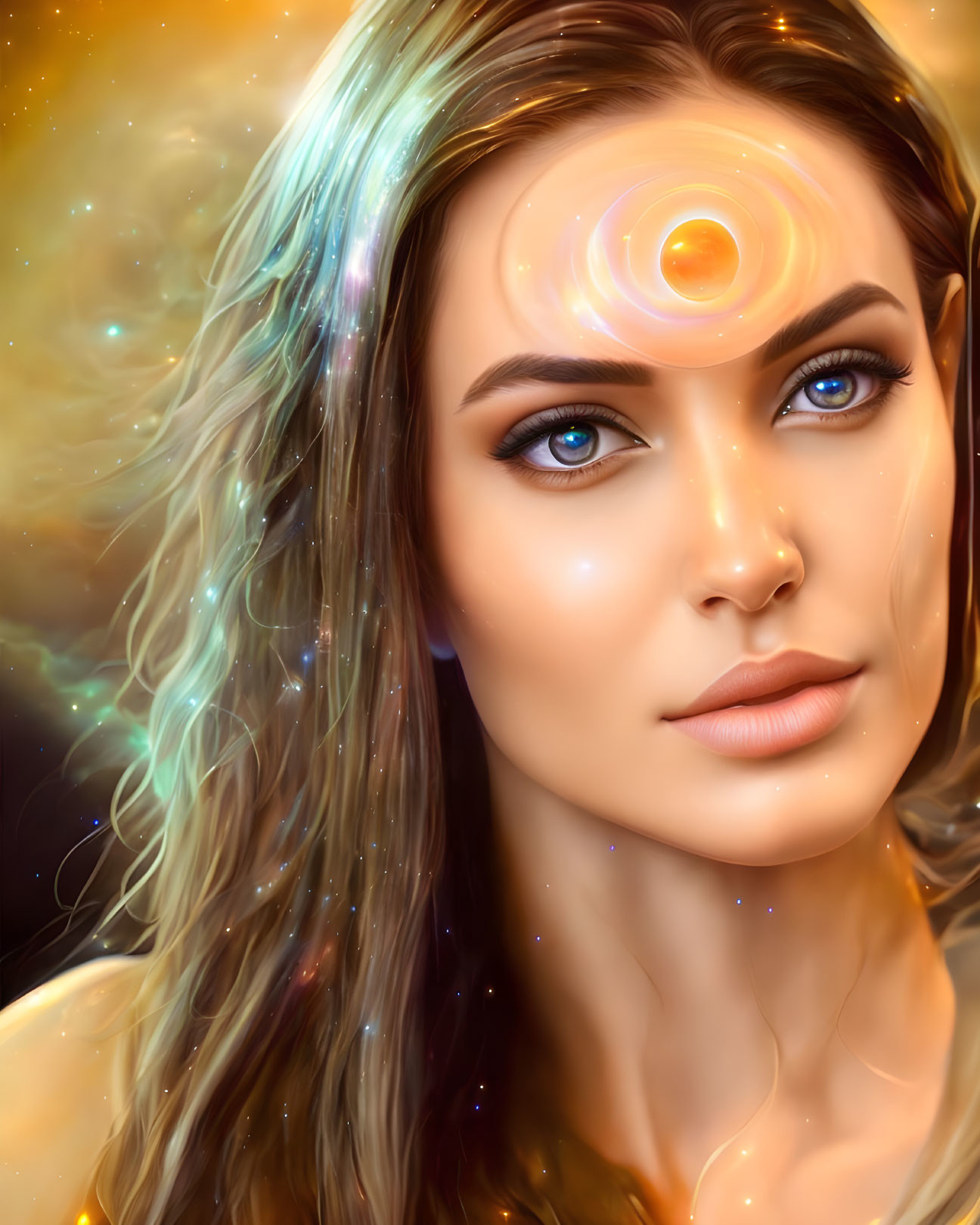 Digital artwork featuring woman with cosmic elements and glowing symbol