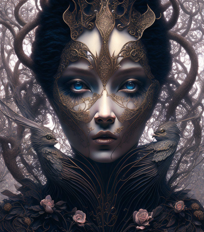 Detailed digital portrait of woman with pale skin, golden mask headdress, blue eyes, feathers, birds