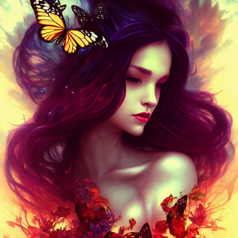 Digital artwork: Woman with purple hair, butterflies, and autumn leaves