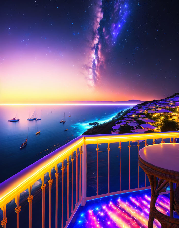 Balcony view of lit seaside town, sailboats, stars.