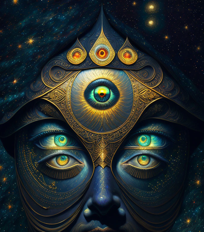 Mystical artwork: Face with multiple blue eyes and golden decorations