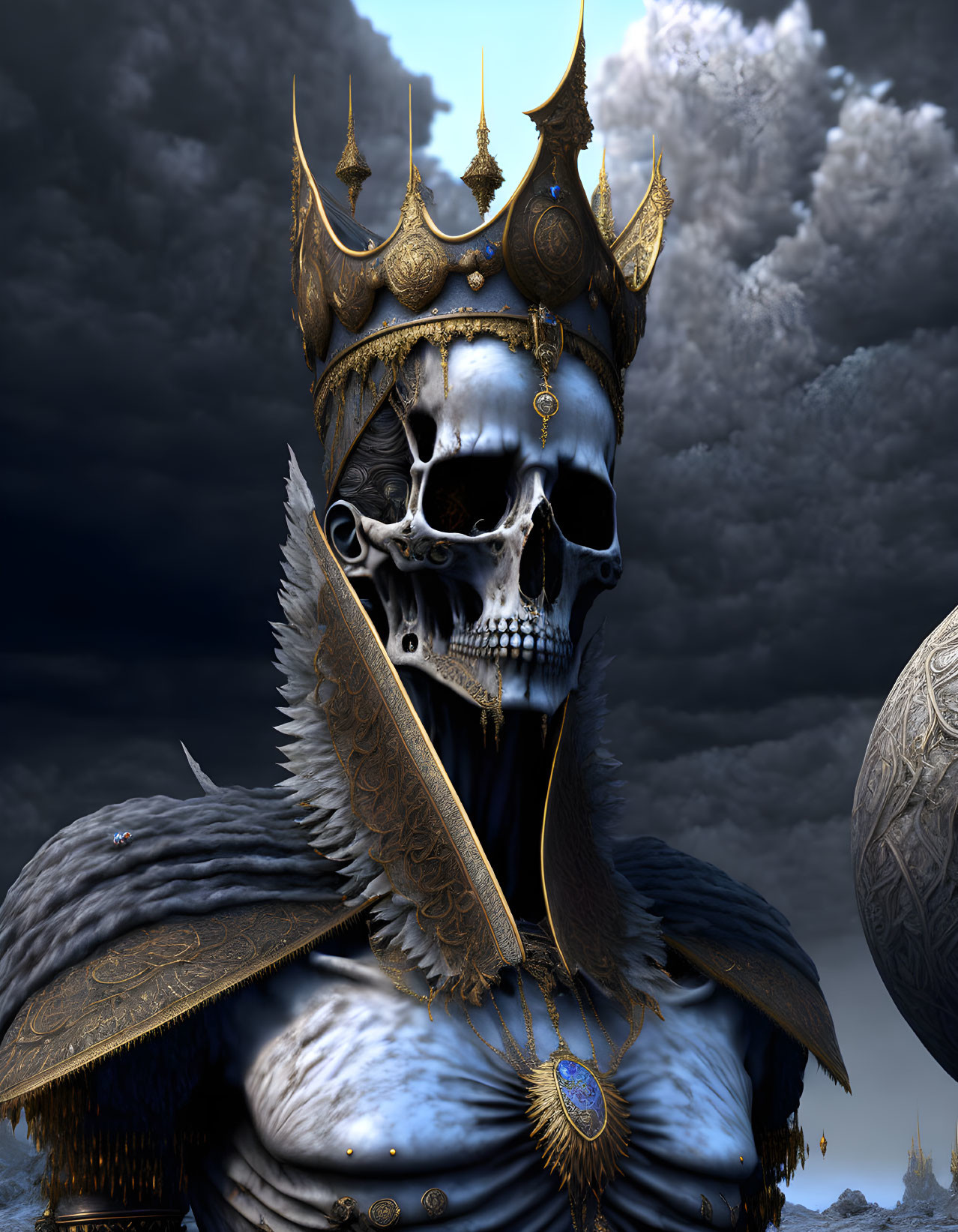 Regal skeletal figure in raven-themed armor under stormy sky