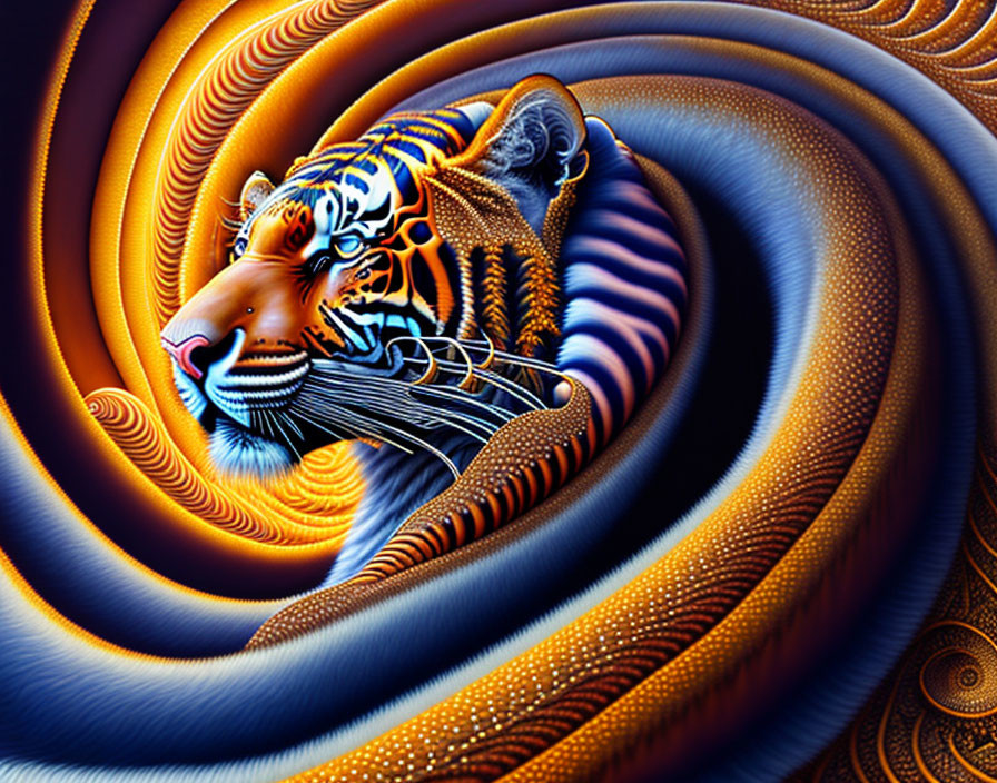 Vibrant Tiger Head in Blue, Orange, and Gold Swirls