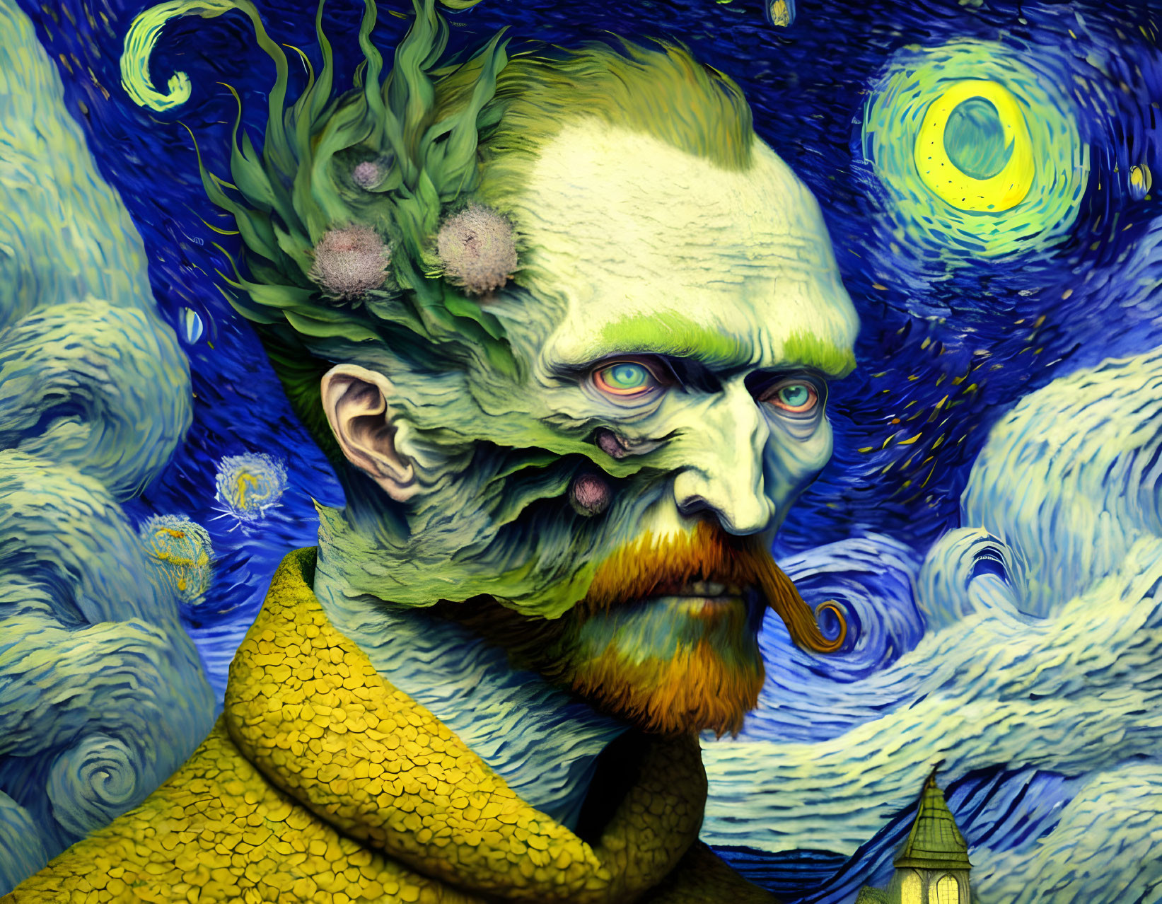 Stylized portrait blending man's face with swirling blue skies and stars