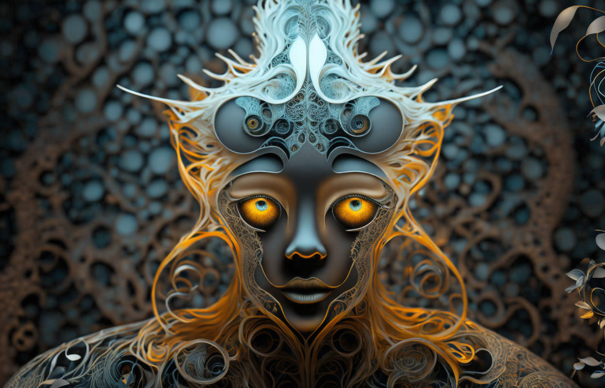 Surreal digital artwork: mechanical entity, golden eyes, intricate metallic details, fractal background