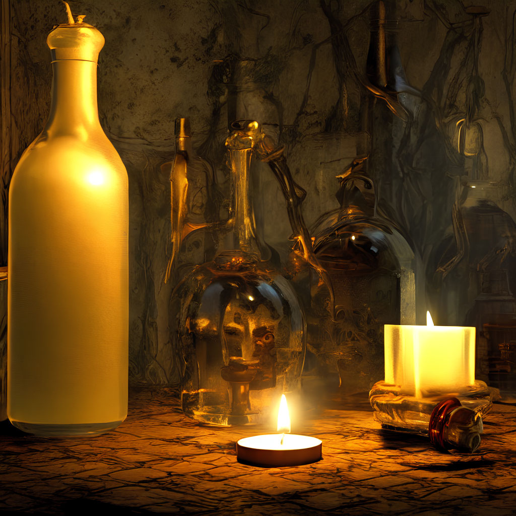 Dimly Lit Room with Glowing Candle and Glass Bottles