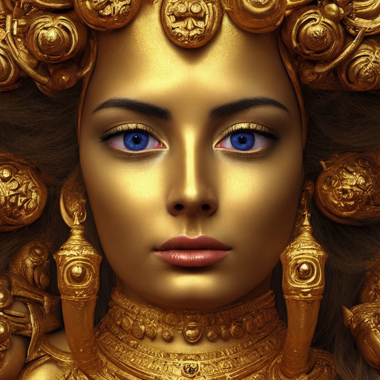 Close-up of woman with ornate golden headdress and jewelry, striking blue eyes.