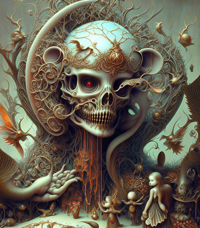 Intricate surreal skull with creatures and organic patterns in earthy tones