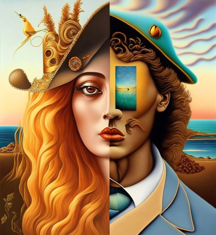 Surreal split portrait: woman with flowing hair and hat vs. face with landscape and uniform