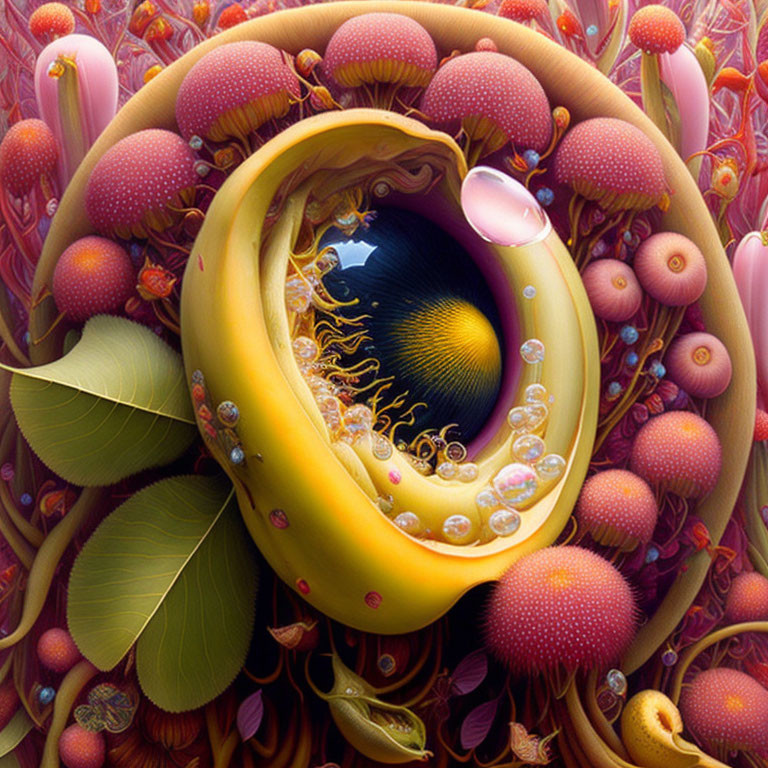 Colorful Surreal Illustration: Eye in Flower Structure surrounded by Botanical Shapes