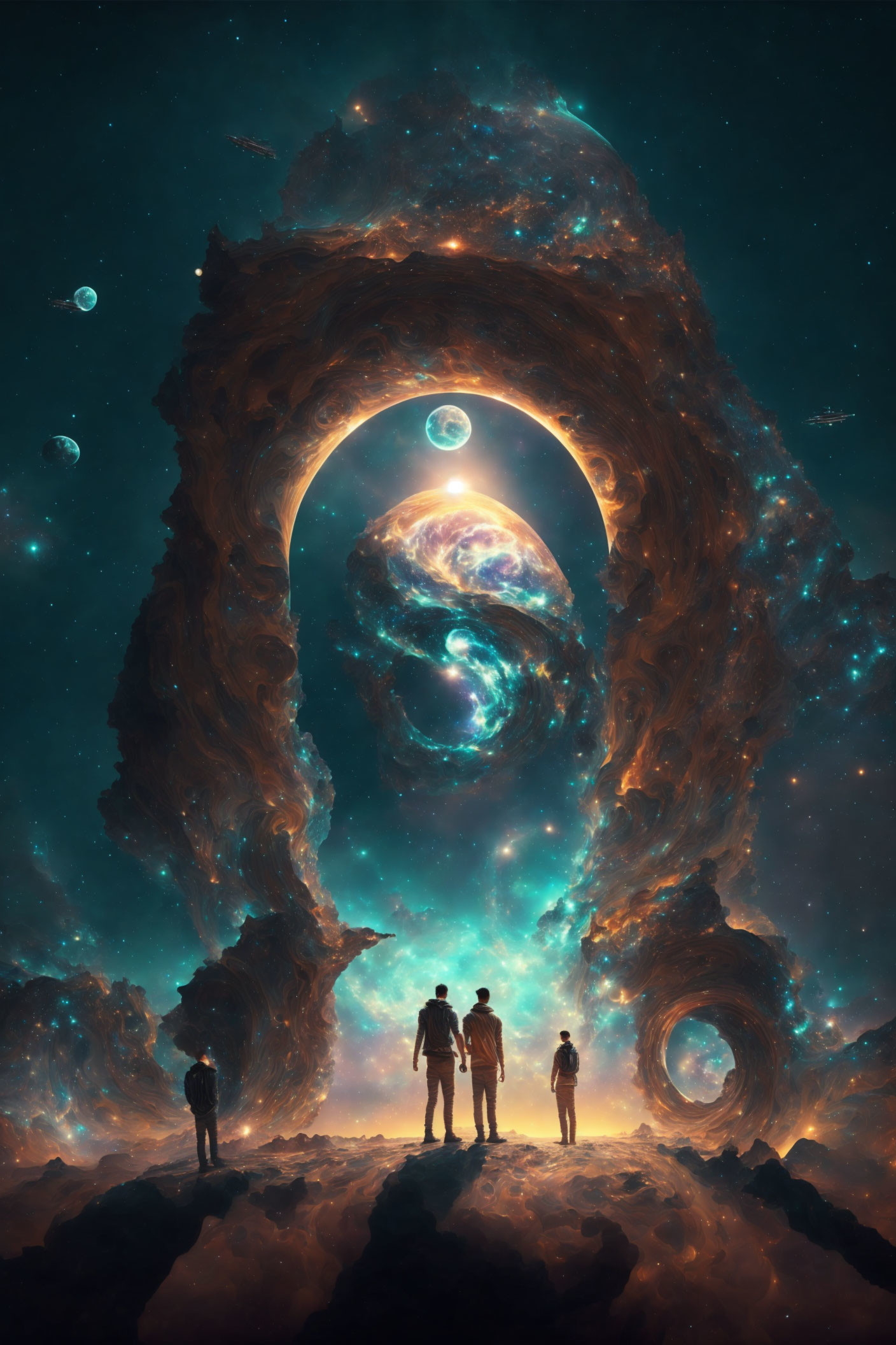 Group of people in front of colossal cosmic gateway with celestial bodies and galaxy core.