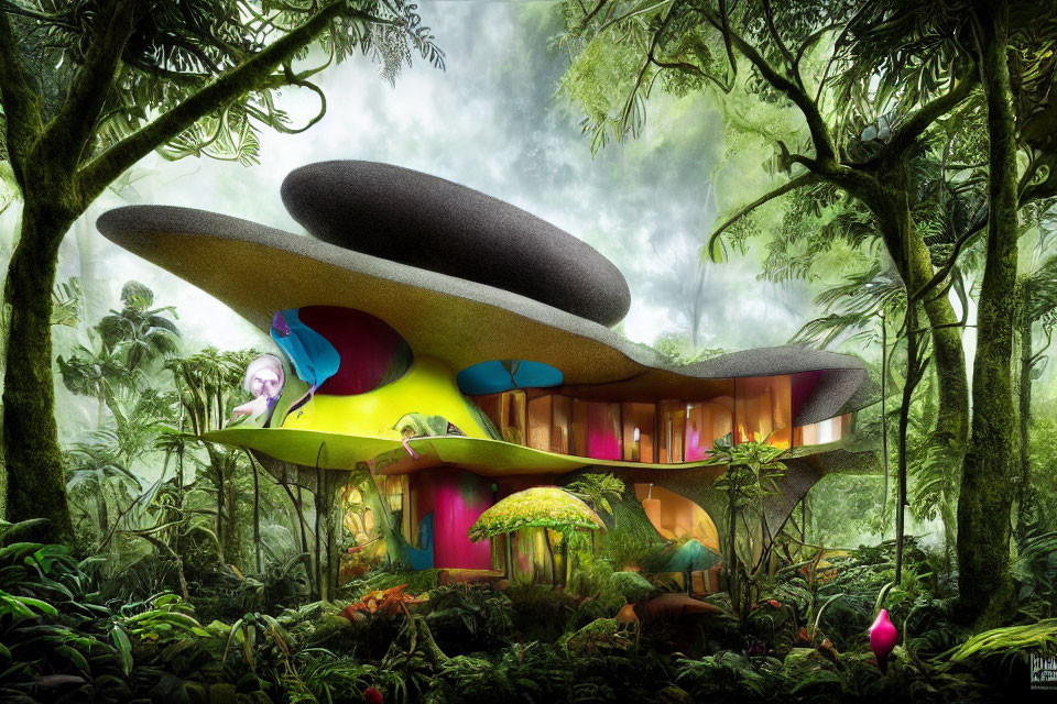 Colorful Mushroom-Like Building in Lush Green Forest