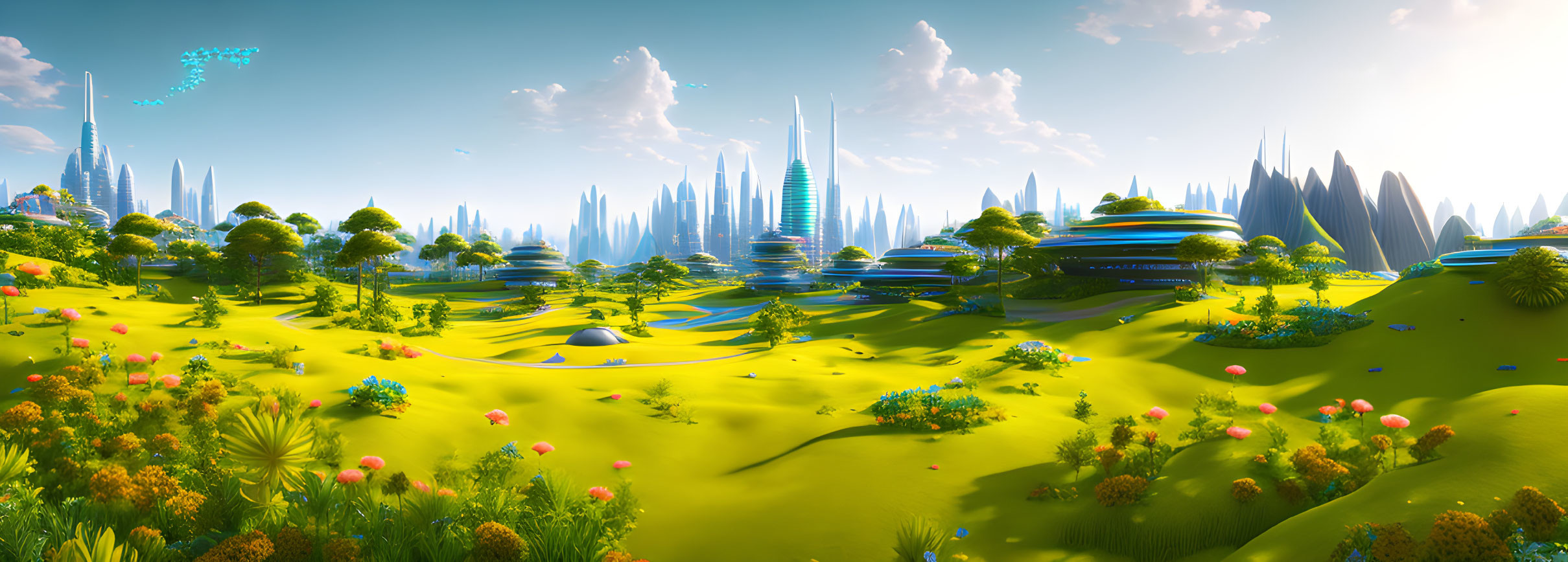 Futuristic landscape with lush greenery and modern structures