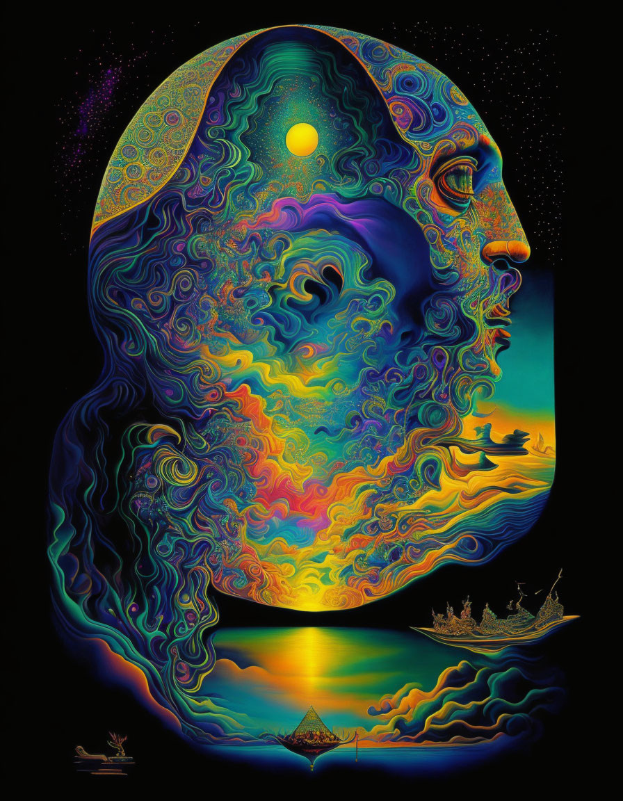 Colorful psychedelic face profile with cosmic sun, stars, and sailing ship.