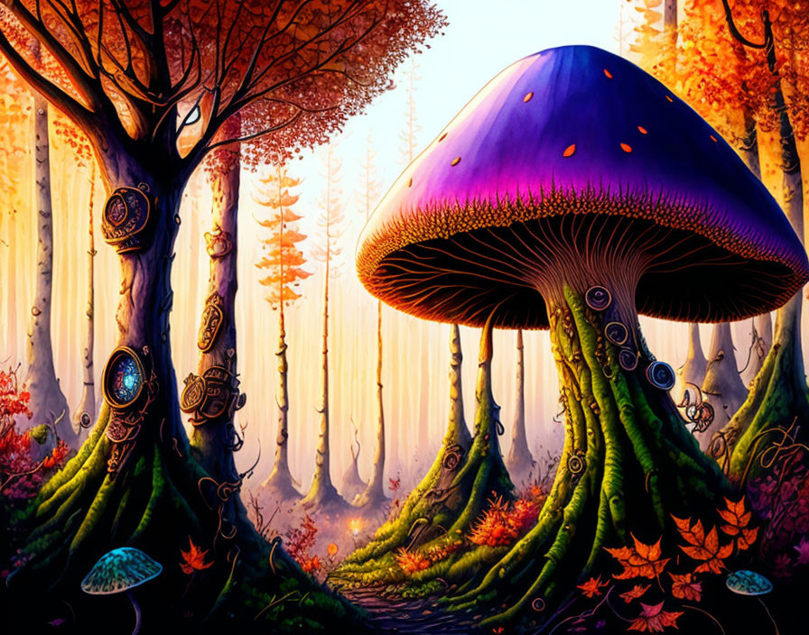 Enchanted forest with giant blue-purple mushroom and whimsical tree trunks