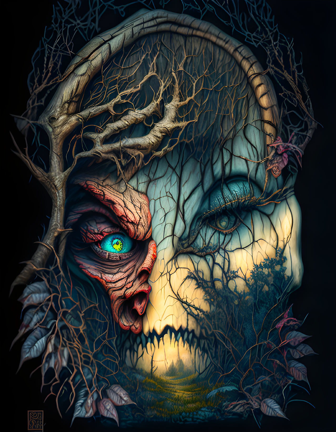 Surreal image: Half-monstrous face with veins and glaring eye, alongside serene half-face