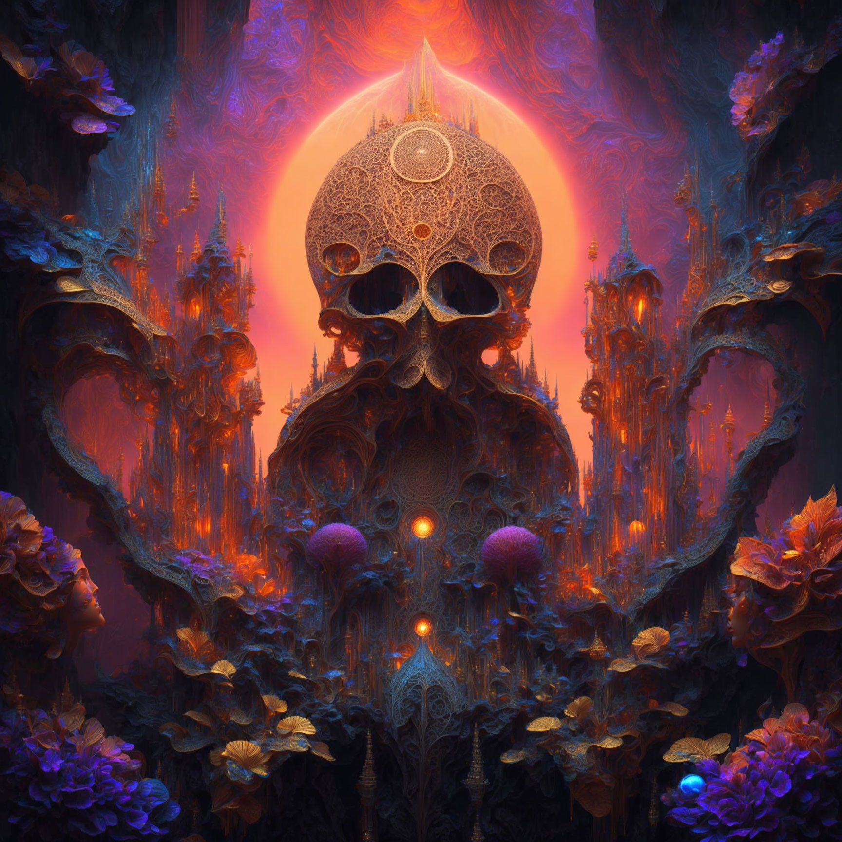 Colorful Psychedelic Artwork: Skull Structure with Ornate Spires in Orange Background