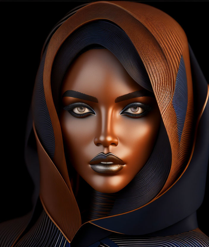 Portrait of Woman with Striking Eyes and Metallic Bronze Skin in Elegant Headscarf