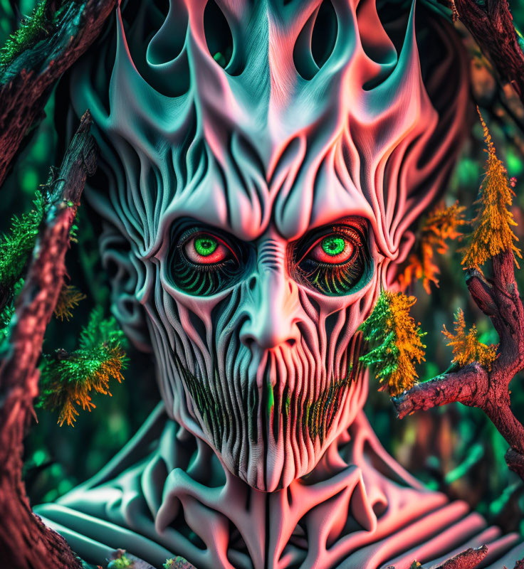 Colorful digital artwork: Fantastical creature with green eyes in forest