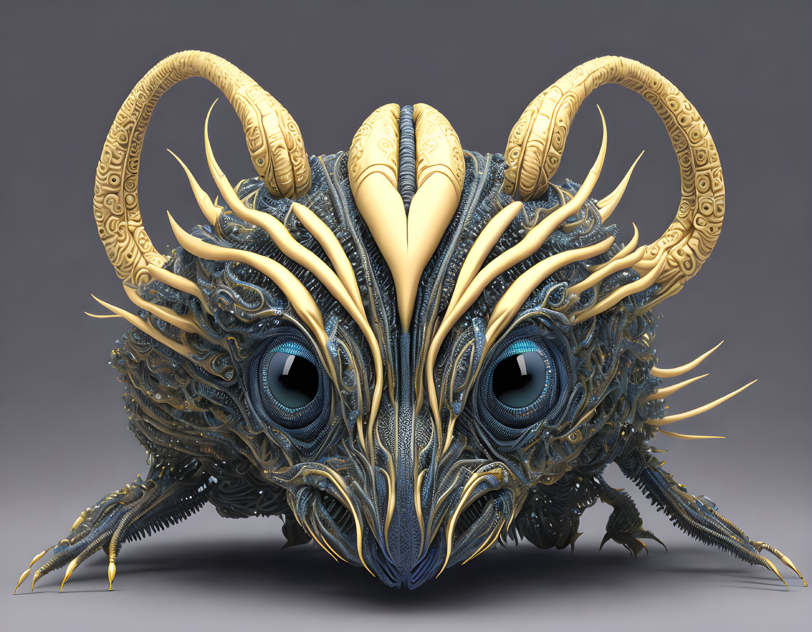 Fantasy creature with ram-like horns and captivating blue eyes