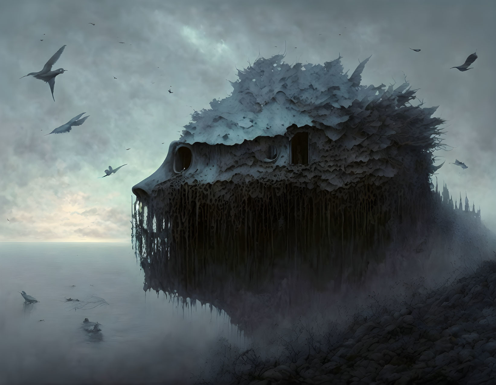 Giant Skull-shaped Island in Misty Aquatic Landscape