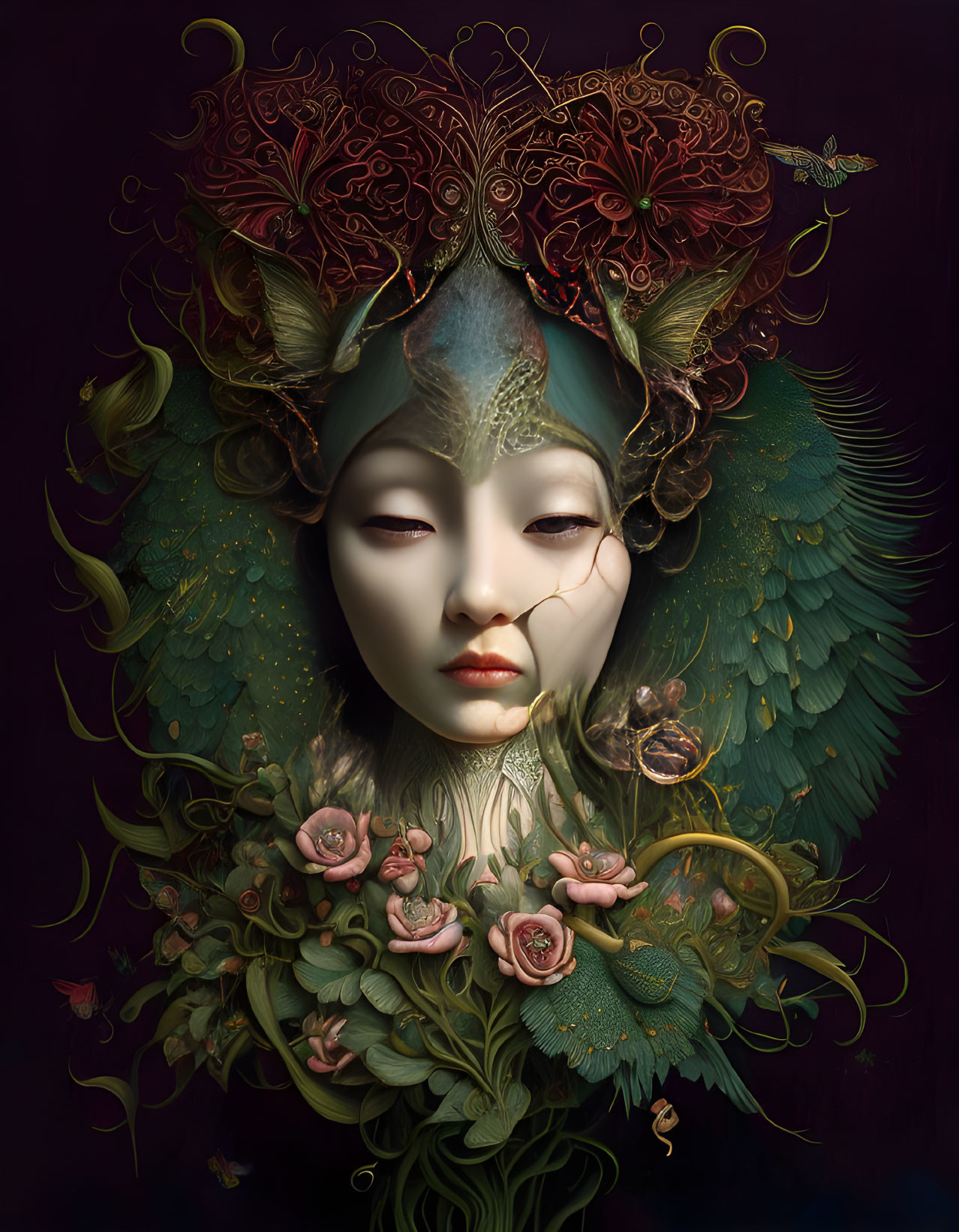 Surreal portrait of figure with ornate headdress and blooming roses on dark backdrop