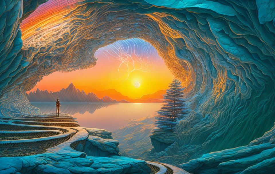 Person standing at edge of maze-like structure in cavern with lake and mountains at sunset