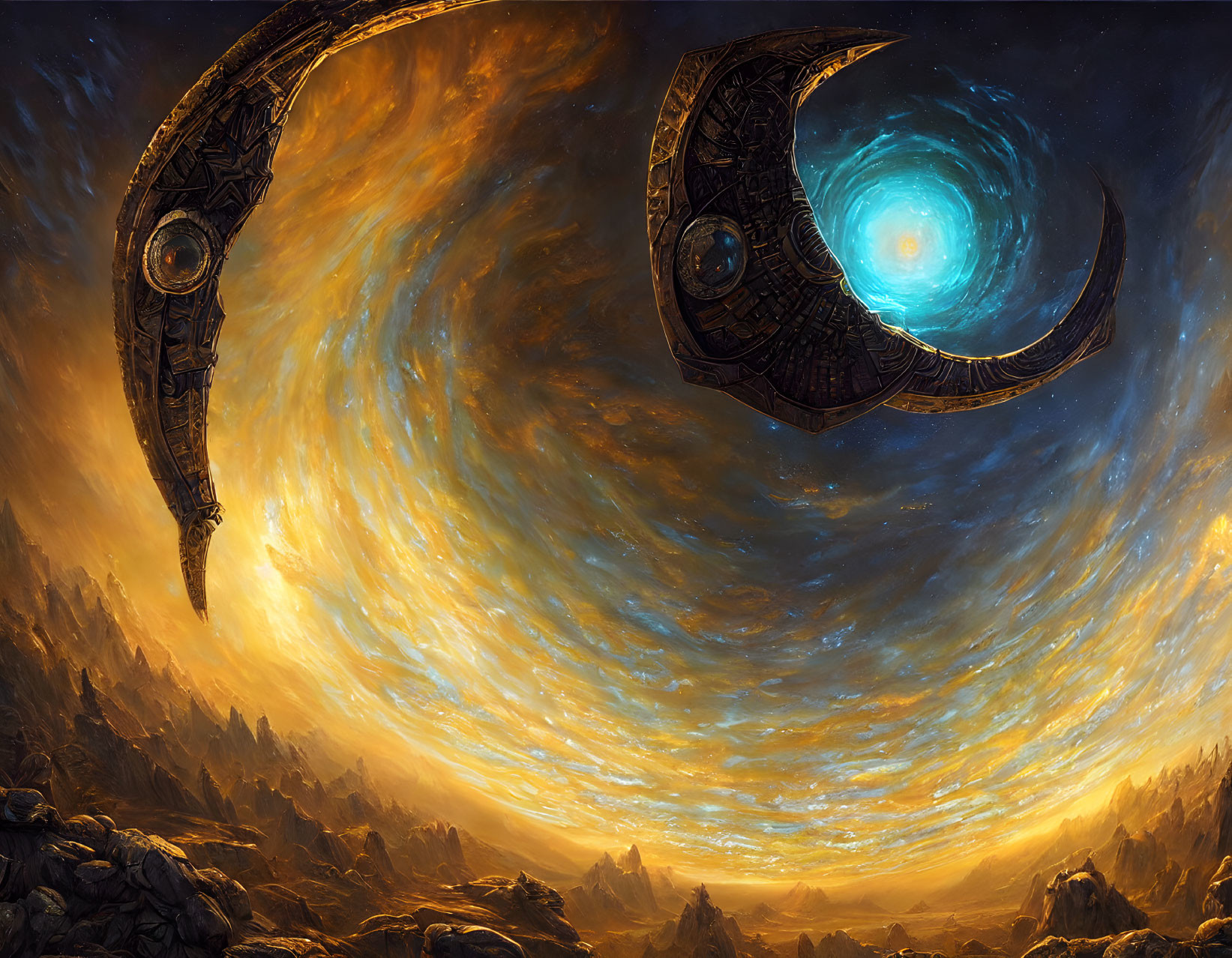 Sci-fi landscape with golden nebulae and celestial core