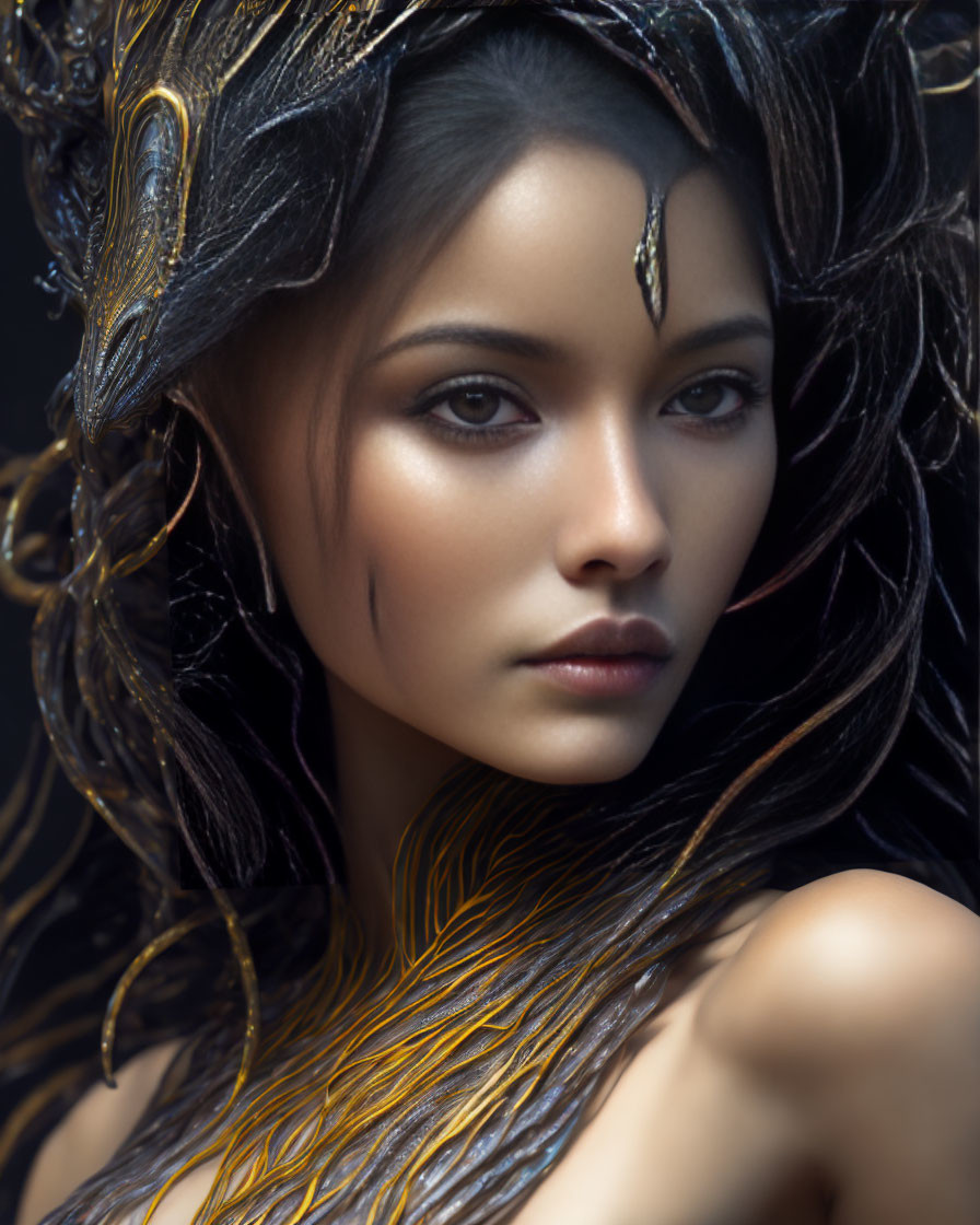 Ornate headgear woman with captivating gaze and gold accents on dark background